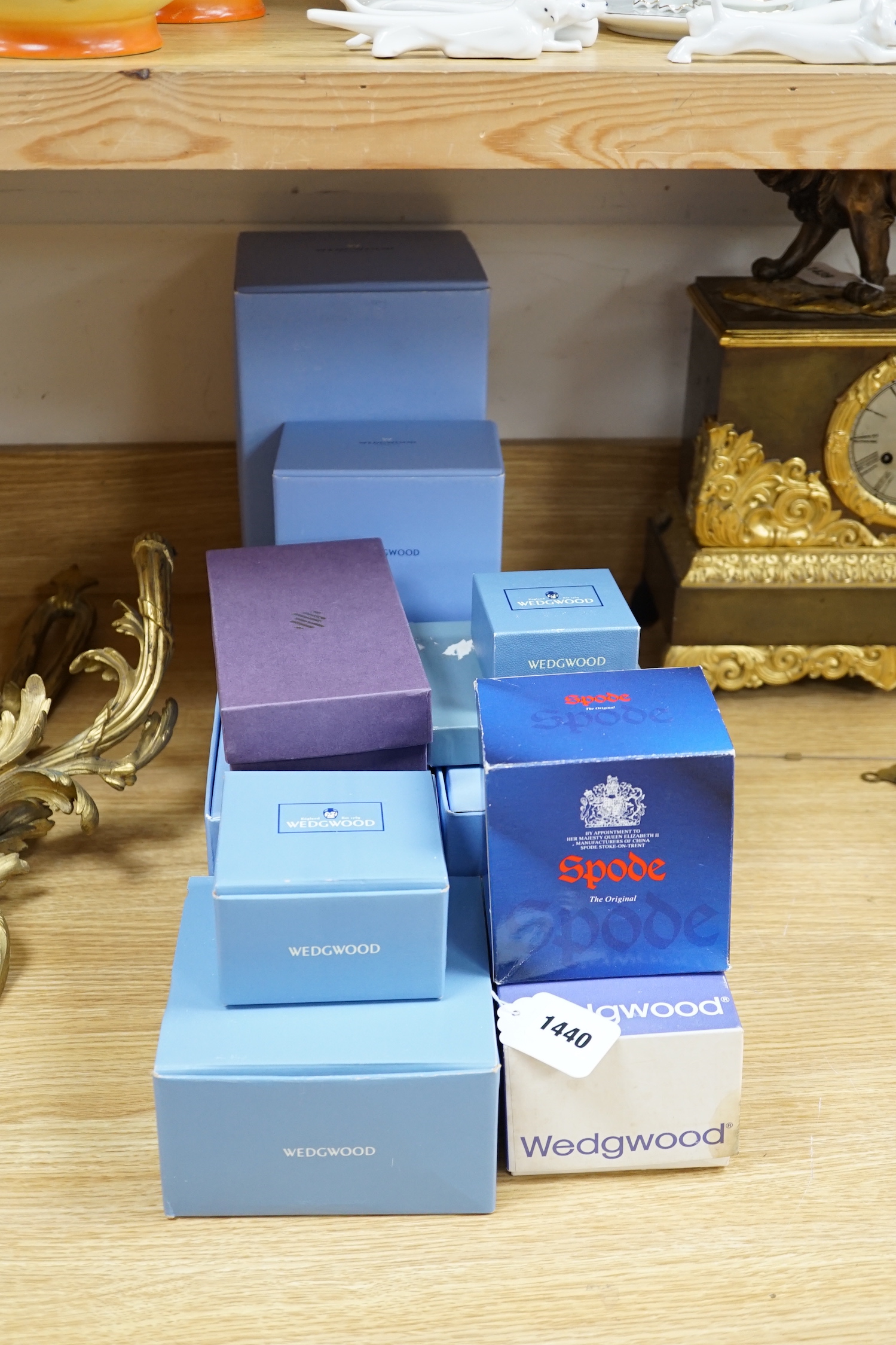 A collection of boxed modern Wedgwood and Spode jasperware etc. porcelain, including; lidded trinket boxes, teapots, a vase, a pomander, etc, tallest 24cm (14)